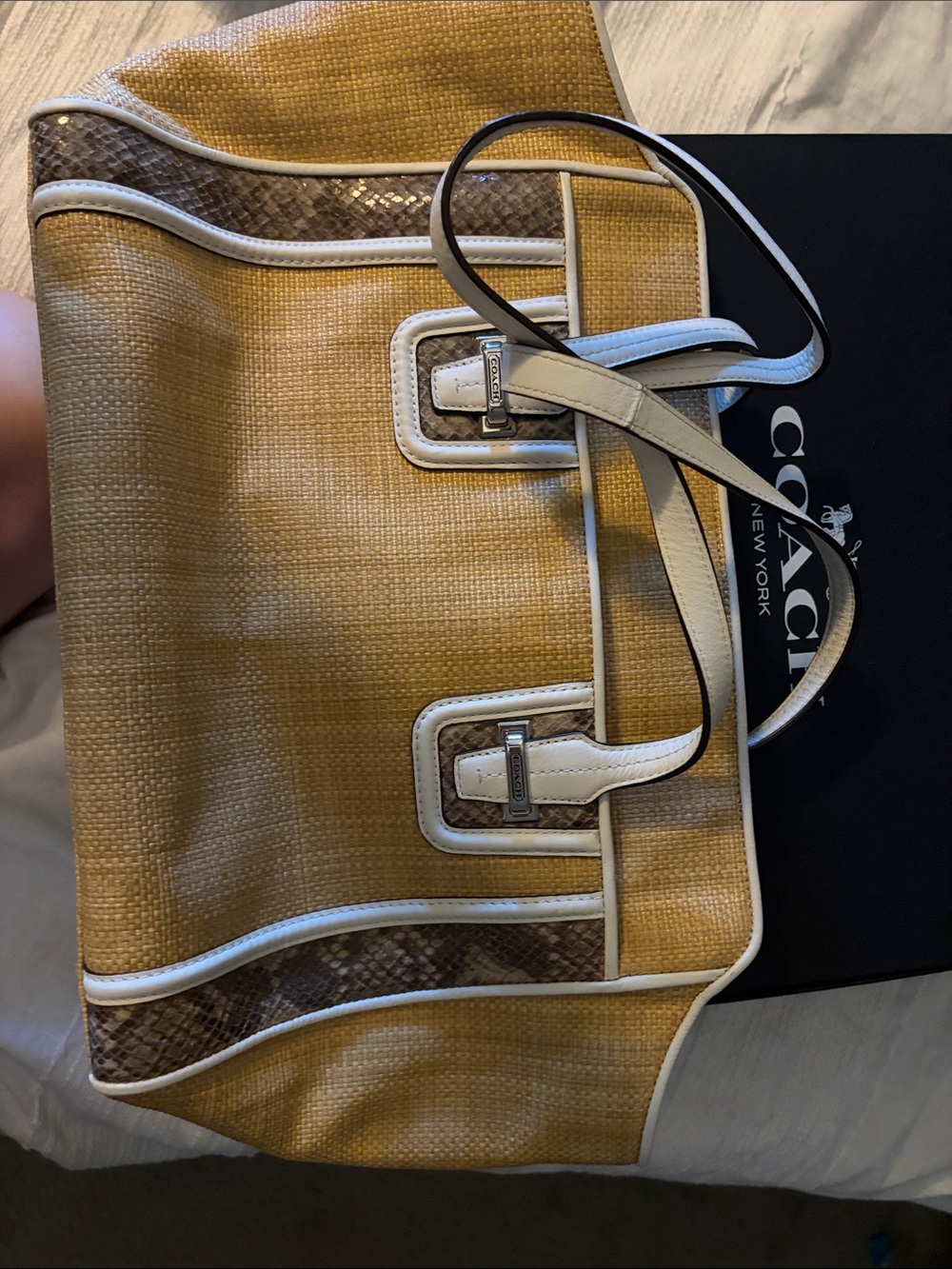 Coach Yellow Woven Tote with White Trim and Brown Accents